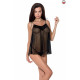 Сорочка прозора бебі дол MELANIA CHEMISE black L/XL - Passion, трусики, на тонких бретелях