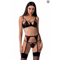Комплект білизни PERDITA SET black L/XL - Passion Exclusive: стрепи: ліф, стрінги і пояс для панчох