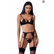 Комплект білизни PERDITA SET black L/XL - Passion Exclusive: стрепи: ліф, стрінги і пояс для панчох