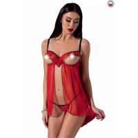 Прозорий пеньюар з відкритими грудьми CHERRY CHEMISE red L/XL - Passion Exclusive, трусики